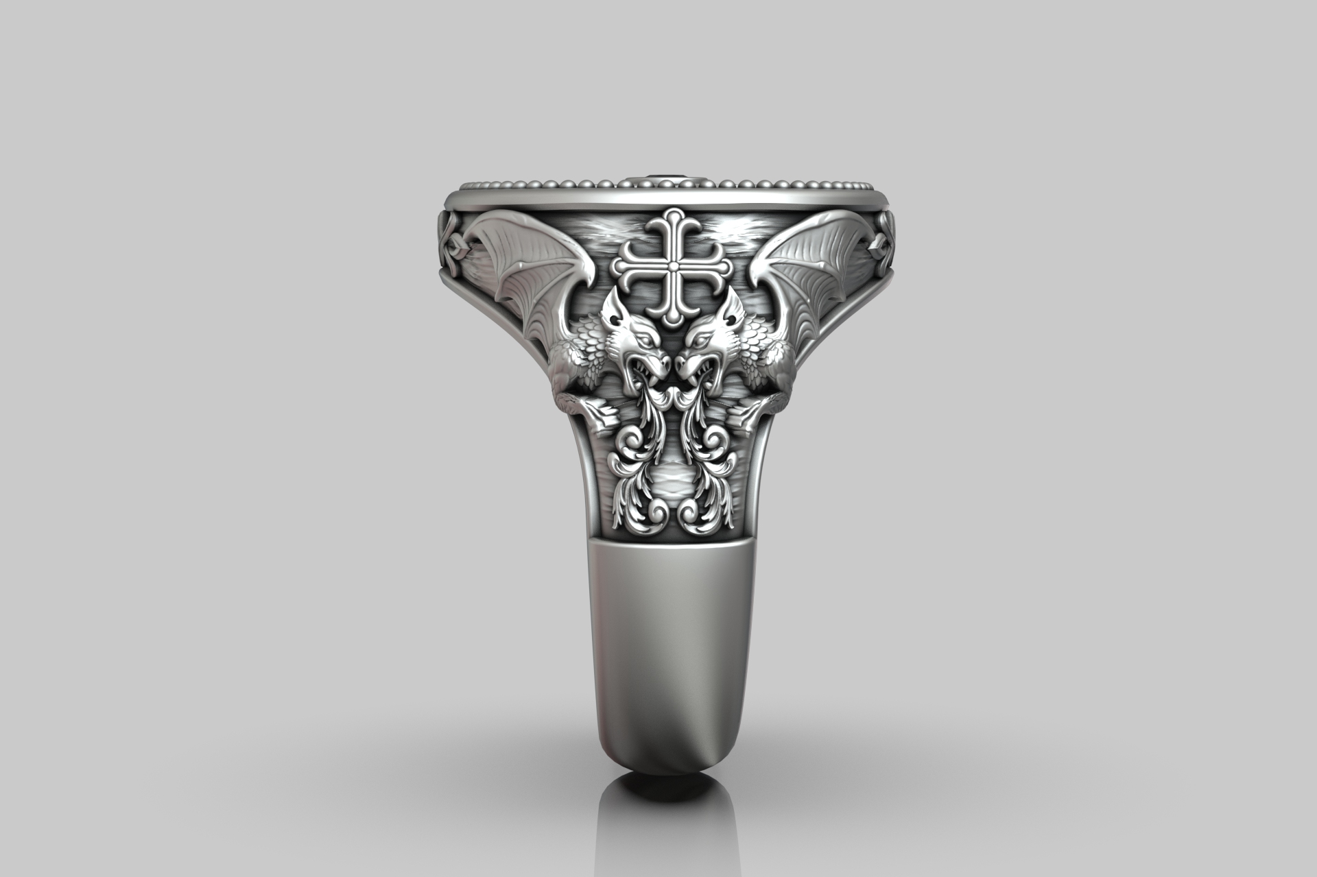 Gothic Dragon Cross Signet Ring — view 4