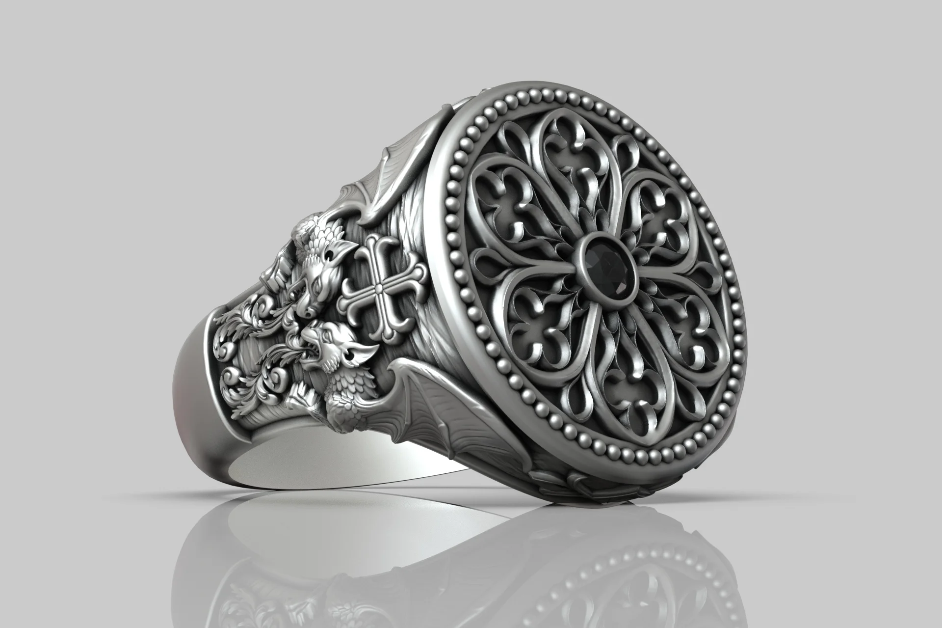 Gothic Dragon Cross Signet Ring — view 3