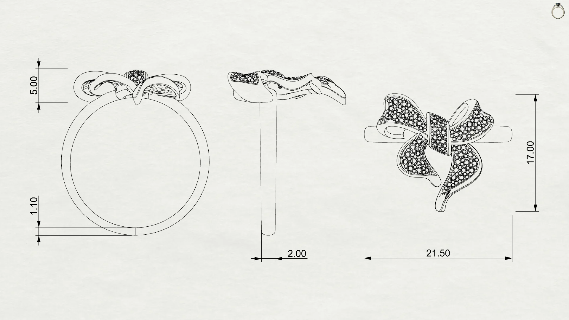 Pavé Bow Ring – Production-Ready Jewelry CAD Model — view 5
