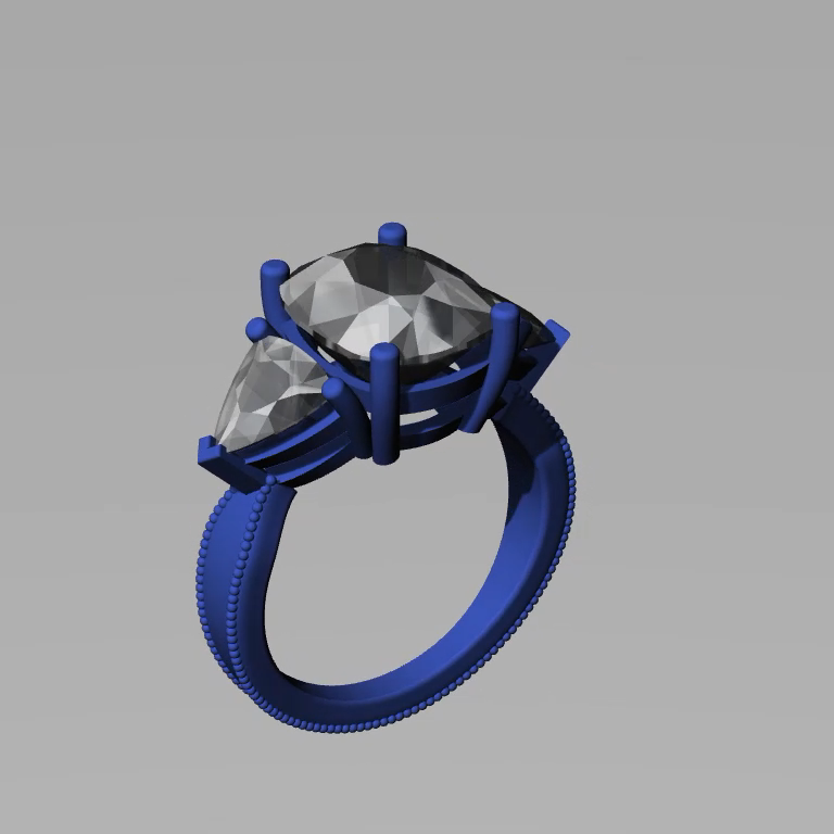 Cushion and Trillion Three-Stone Milgrain Ring — view 2