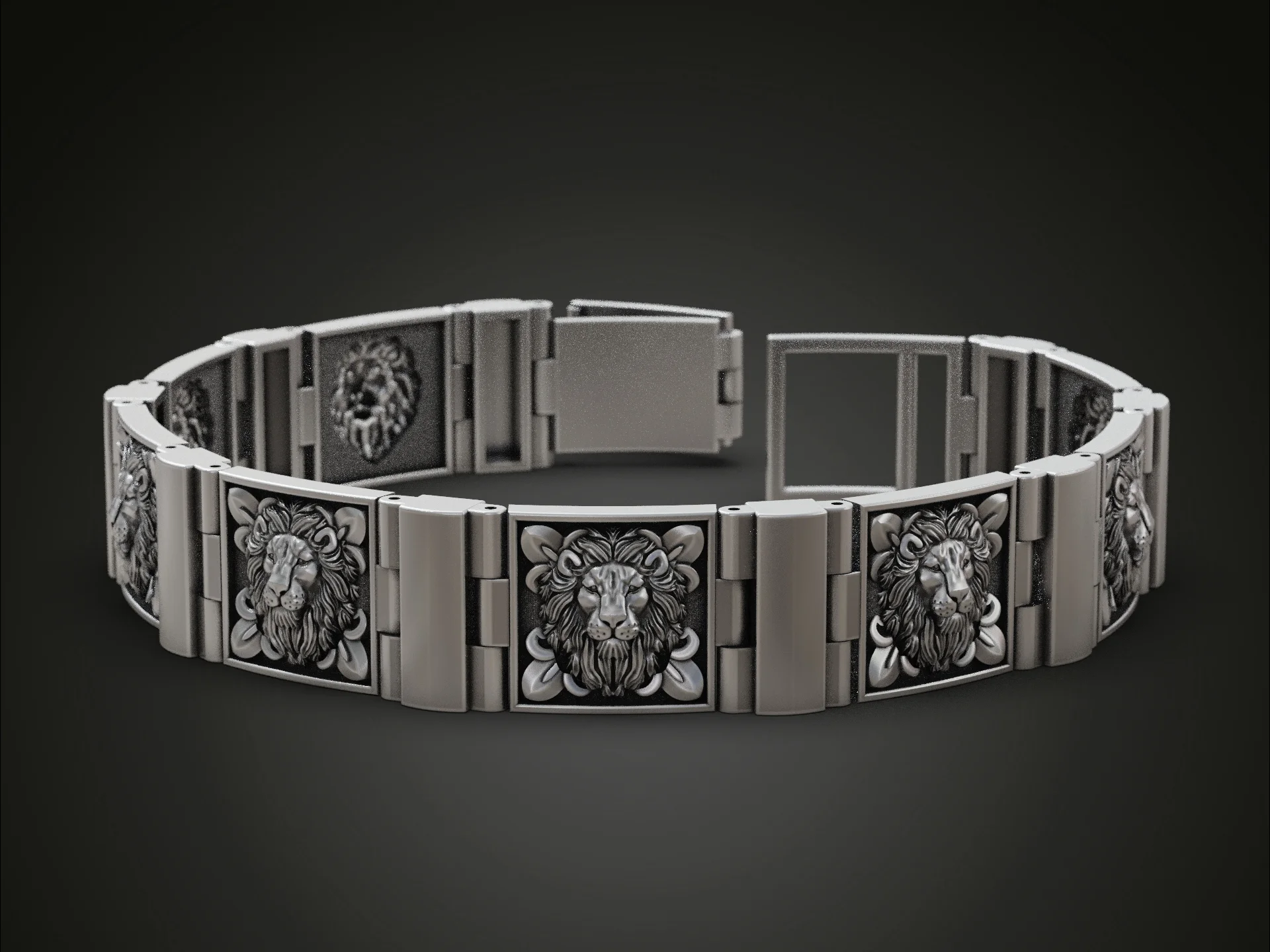 Regal Lion Head Bas-Relief Panel Bracelet