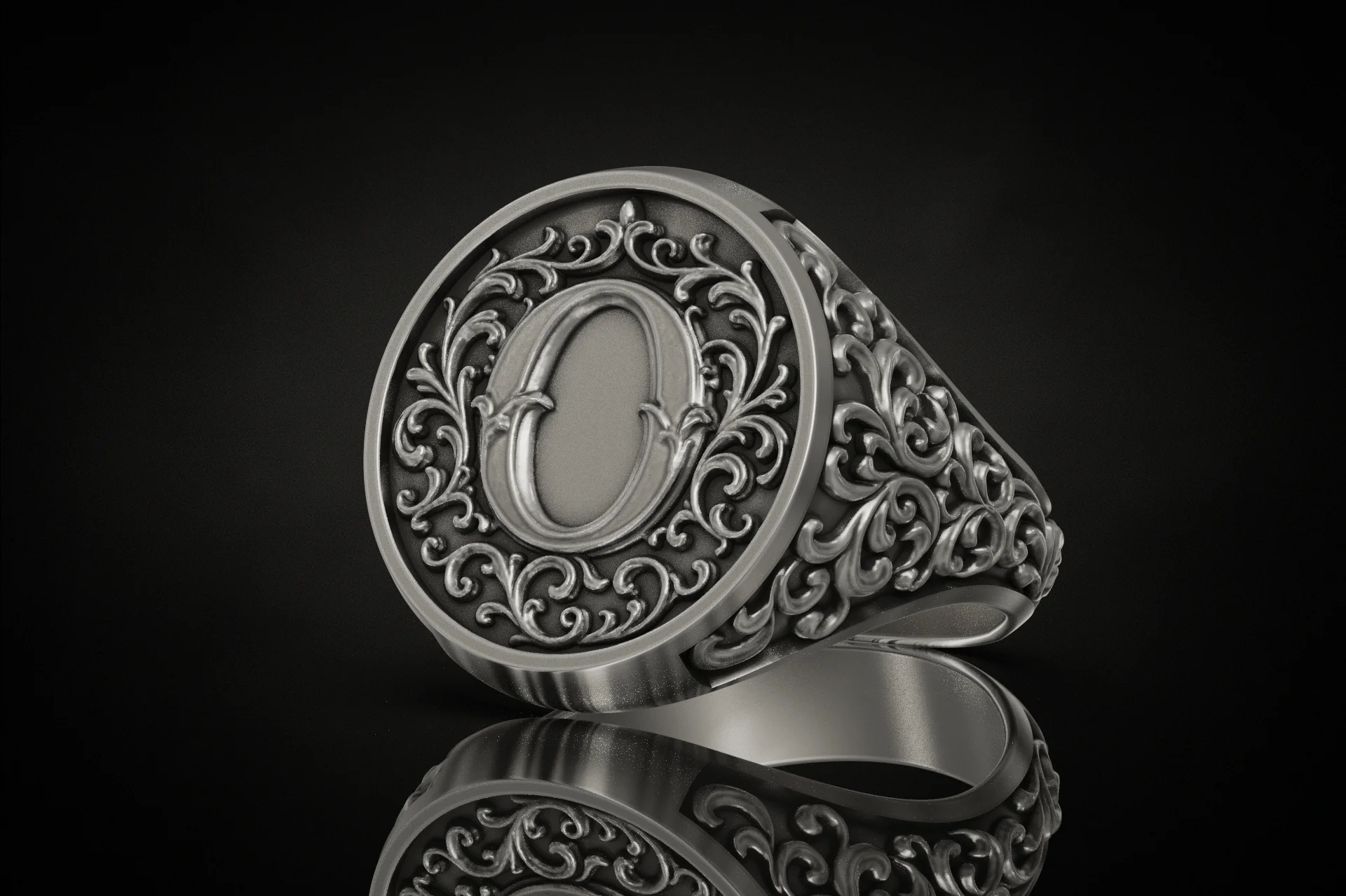 Ornate Acanthus Leaf Monogram 'O' Signet Ring — view 2