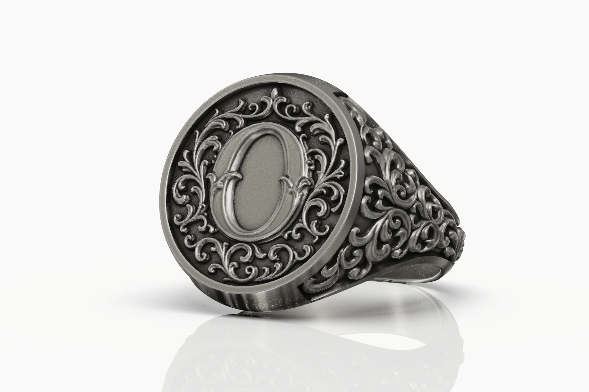 Ornate Acanthus Leaf Monogram 'O' Signet Ring — view 5