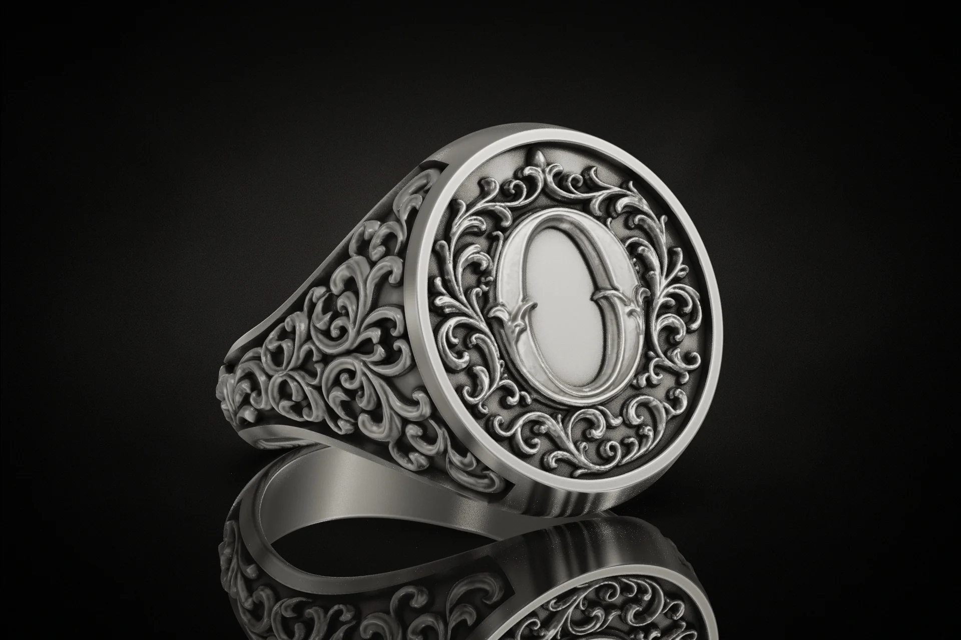Ornate Acanthus Leaf Monogram 'O' Signet Ring — view 1