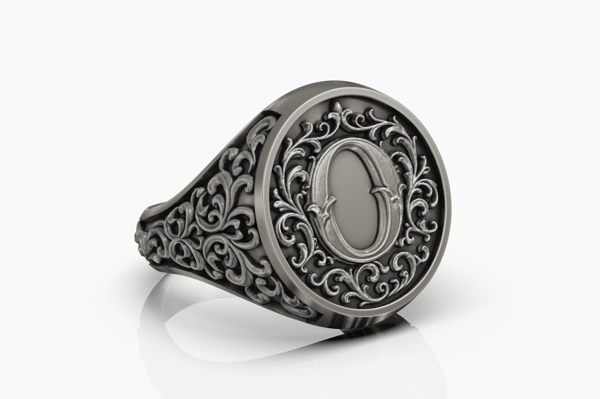 Ornate Acanthus Leaf Monogram 'O' Signet Ring — view 6