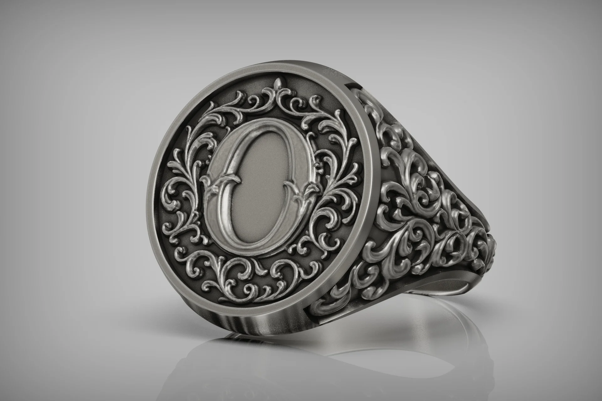 Ornate Acanthus Leaf Monogram 'O' Signet Ring — view 4