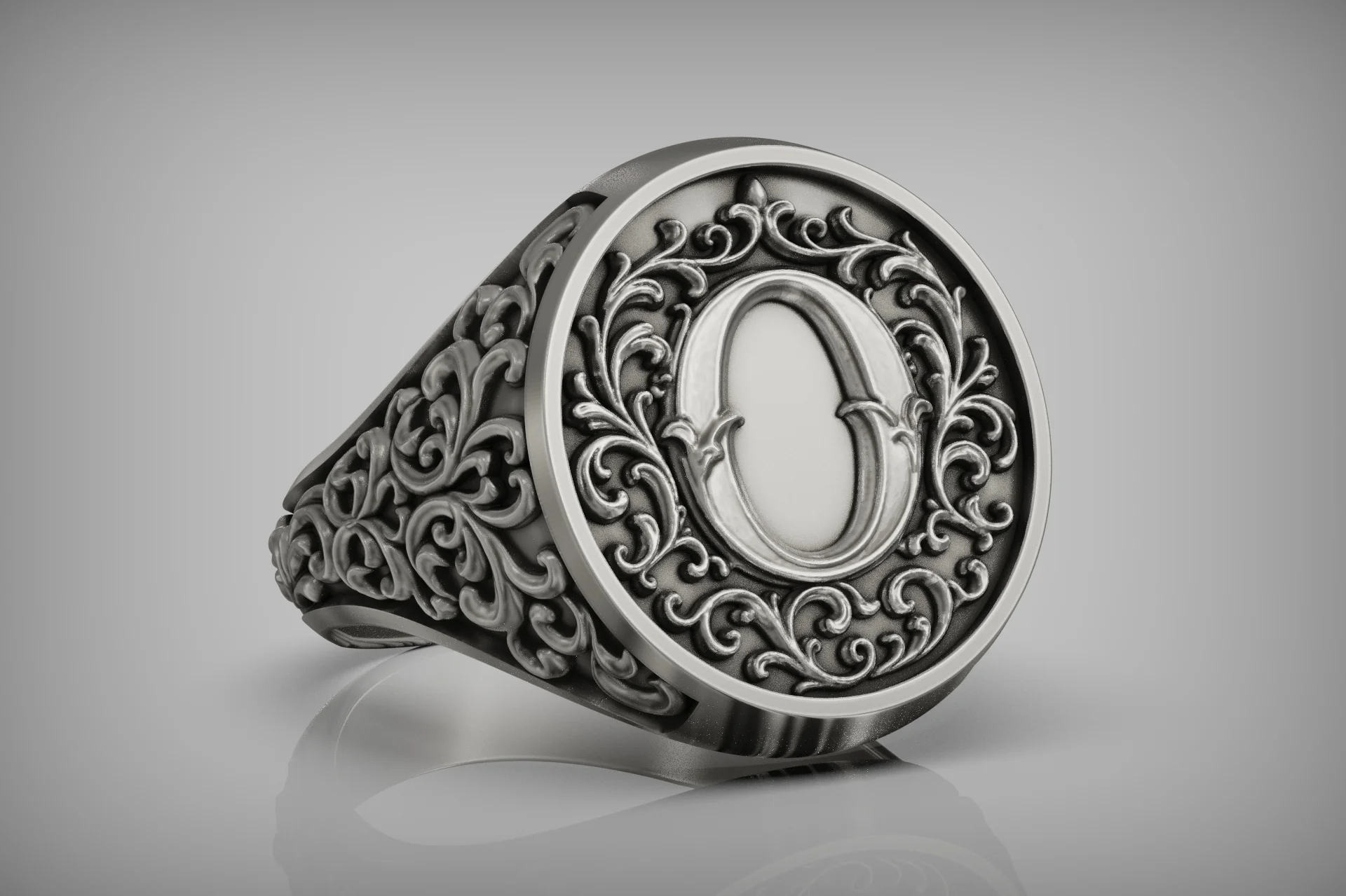 Ornate Acanthus Leaf Monogram 'O' Signet Ring — view 3