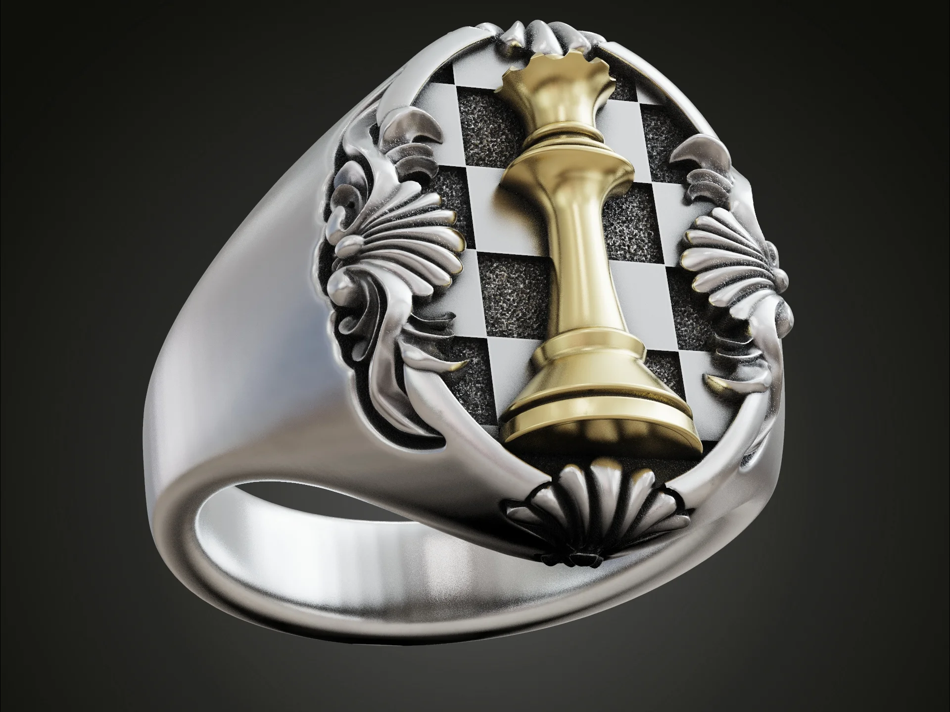 Ornate Chess Queen Piece Signet Ring