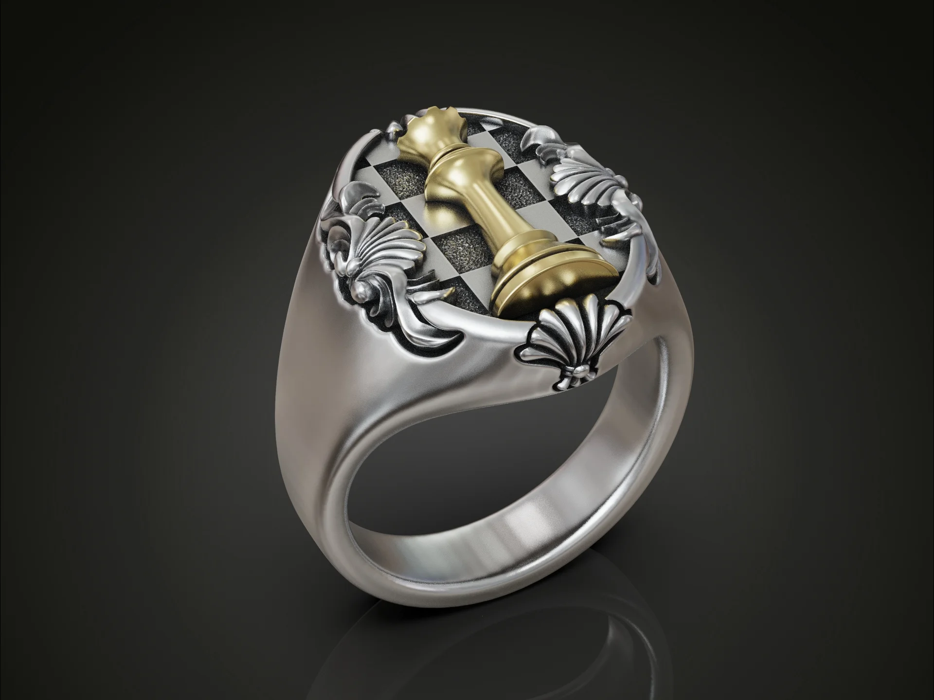 Ornate Chess Queen Piece Signet Ring — view 2