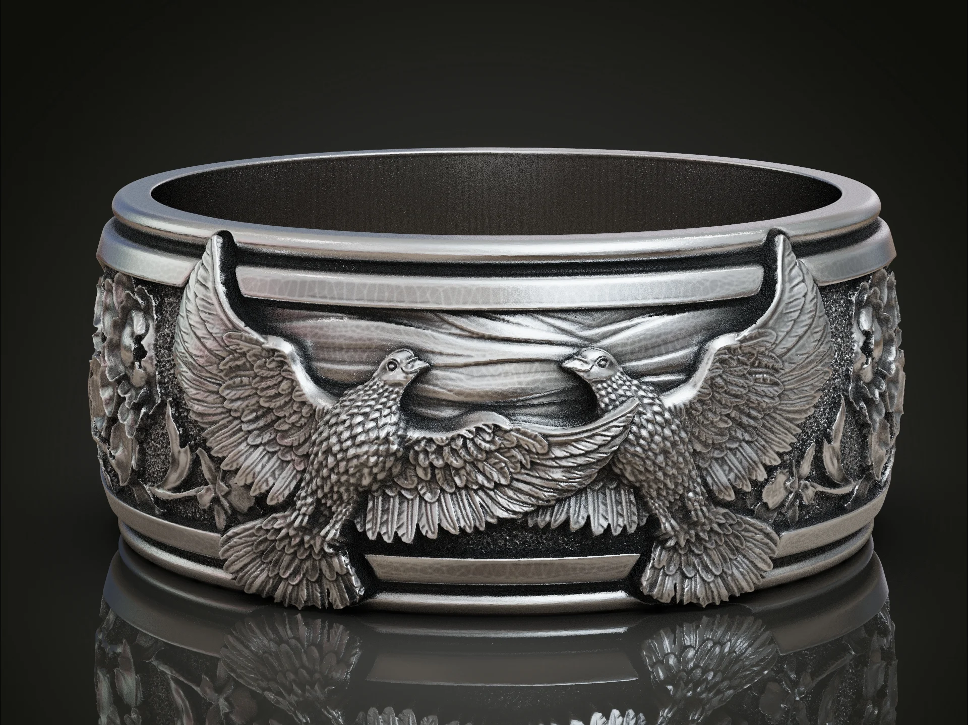 Sculpted Doves and Flowers Wide Band Ring