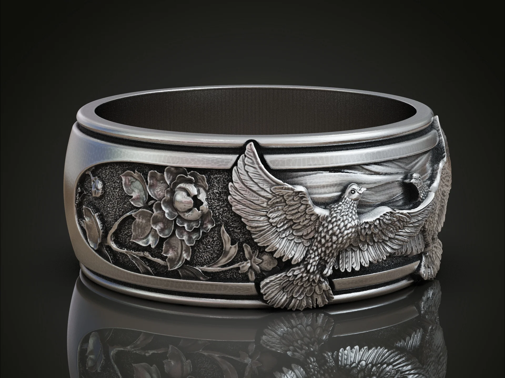 Sculpted Doves and Flowers Wide Band Ring — view 2
