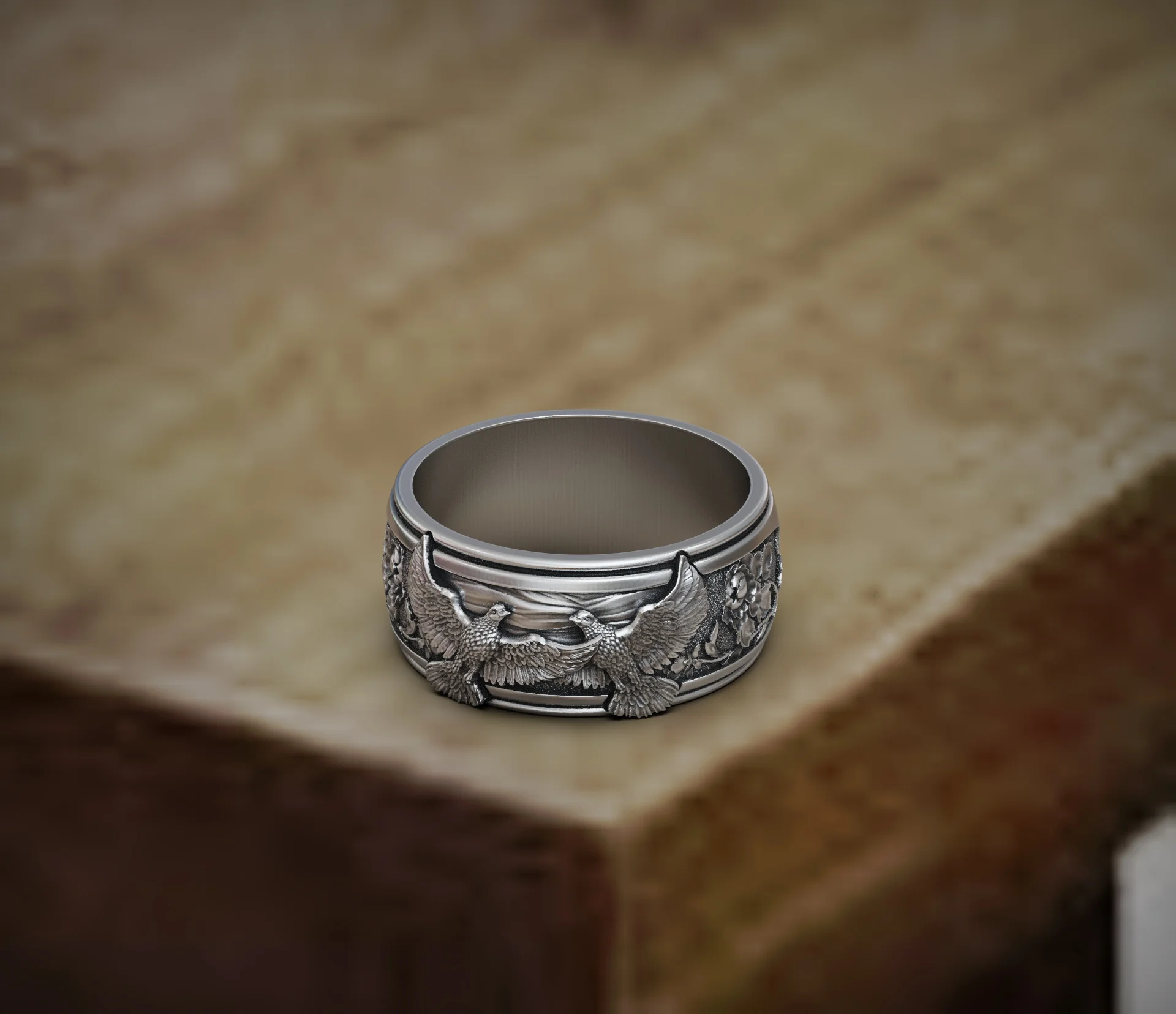 Sculpted Doves and Flowers Wide Band Ring — view 3