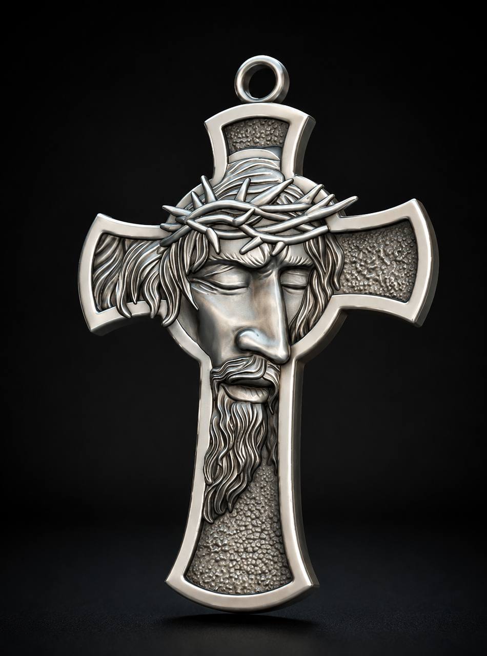 High Relief Jesus Christ Face Cross Pendant — view 3