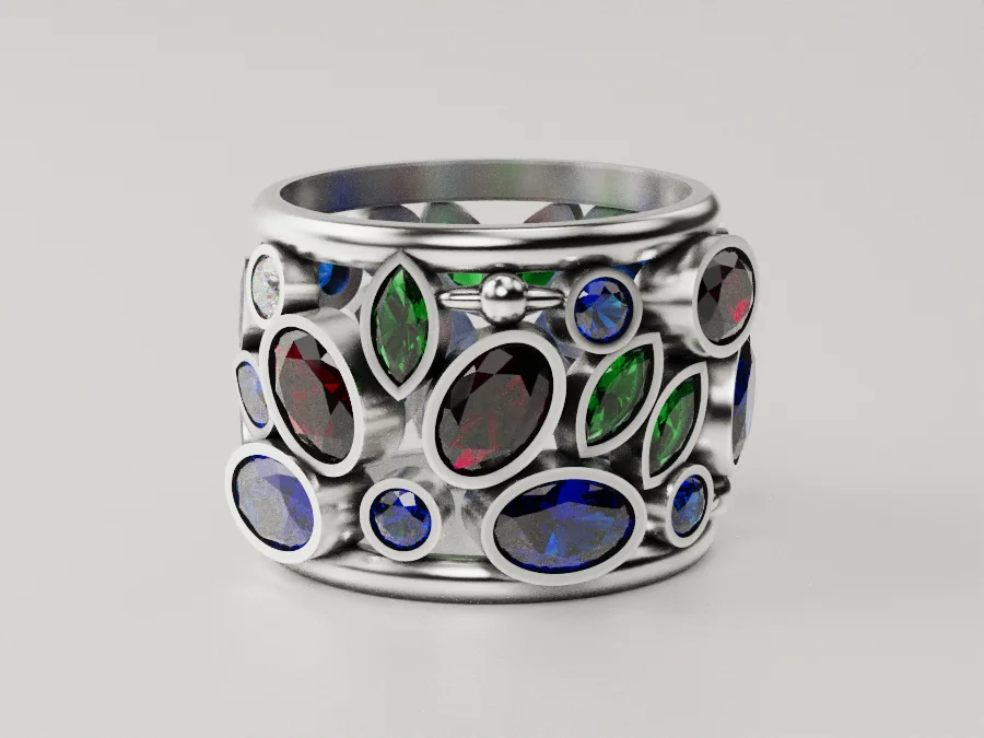 Multi-Gem Wide Band Openwork Ring — view 2