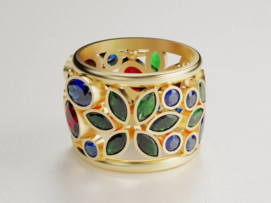 Multi-Gem Wide Band Openwork Ring