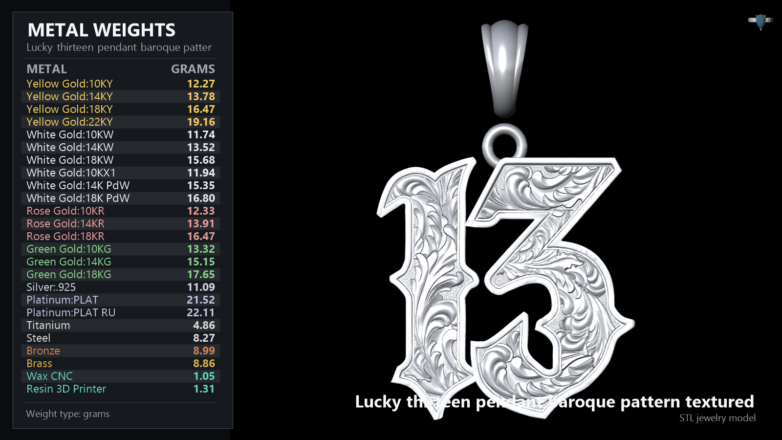 Engraved Baroque-Style Number 13 Pendant — view 4