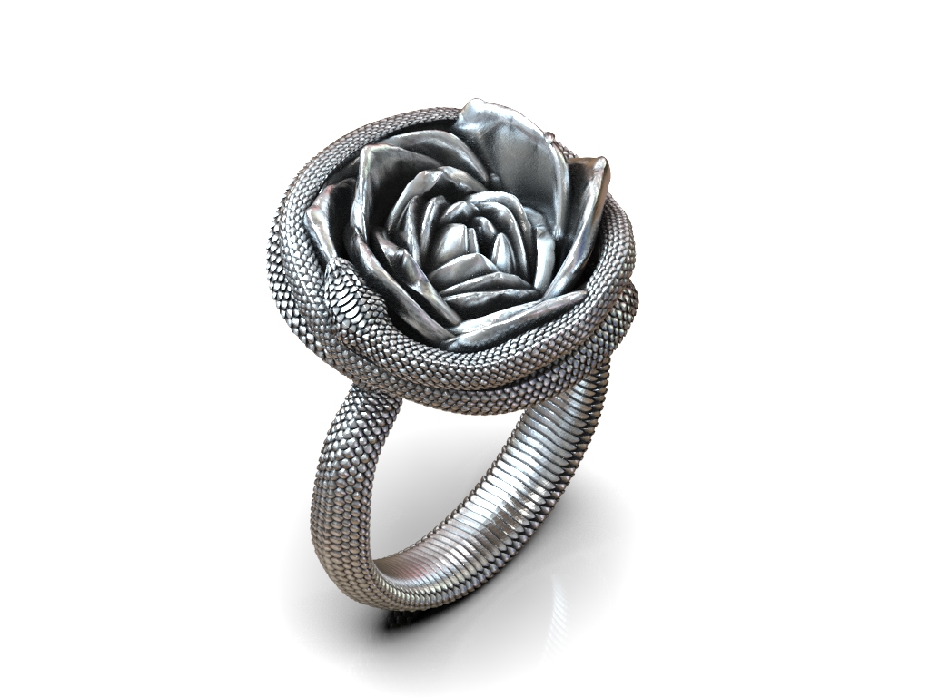 Coiled Serpent Wrapped Around Rose Ring