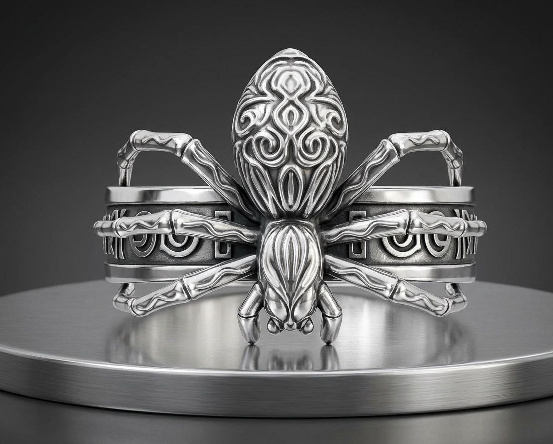 Ornate Sculpted Spider Ring with Engraved Web Band — view 6