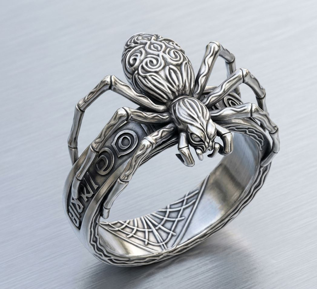 Ornate Sculpted Spider Ring with Engraved Web Band — view 3