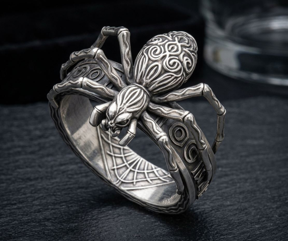 Ornate Sculpted Spider Ring with Engraved Web Band