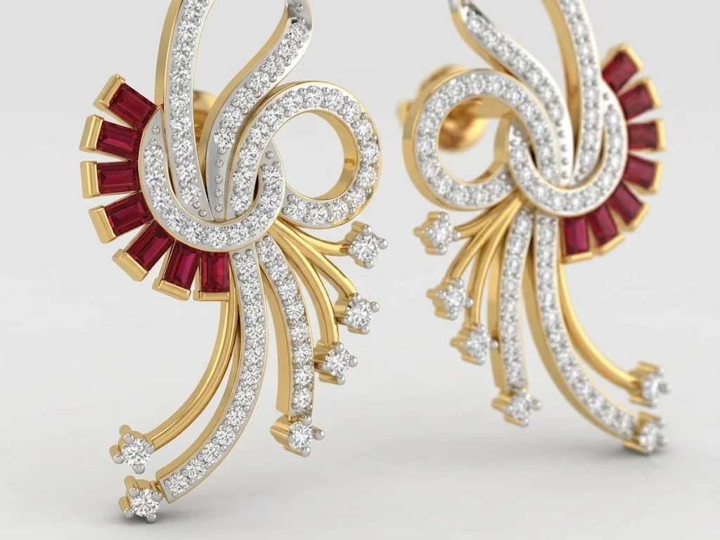 Ruby Baguette and Diamond Pavé Swirl Earrings — view 2