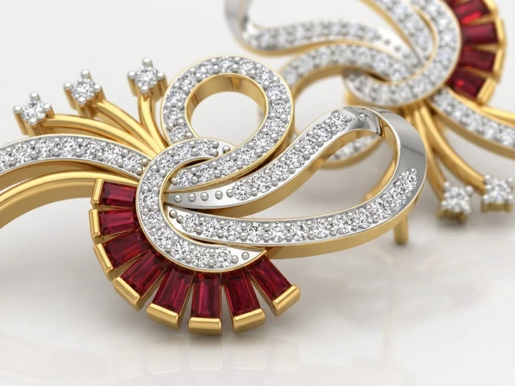 Ruby Baguette and Diamond Pavé Swirl Earrings — view 4
