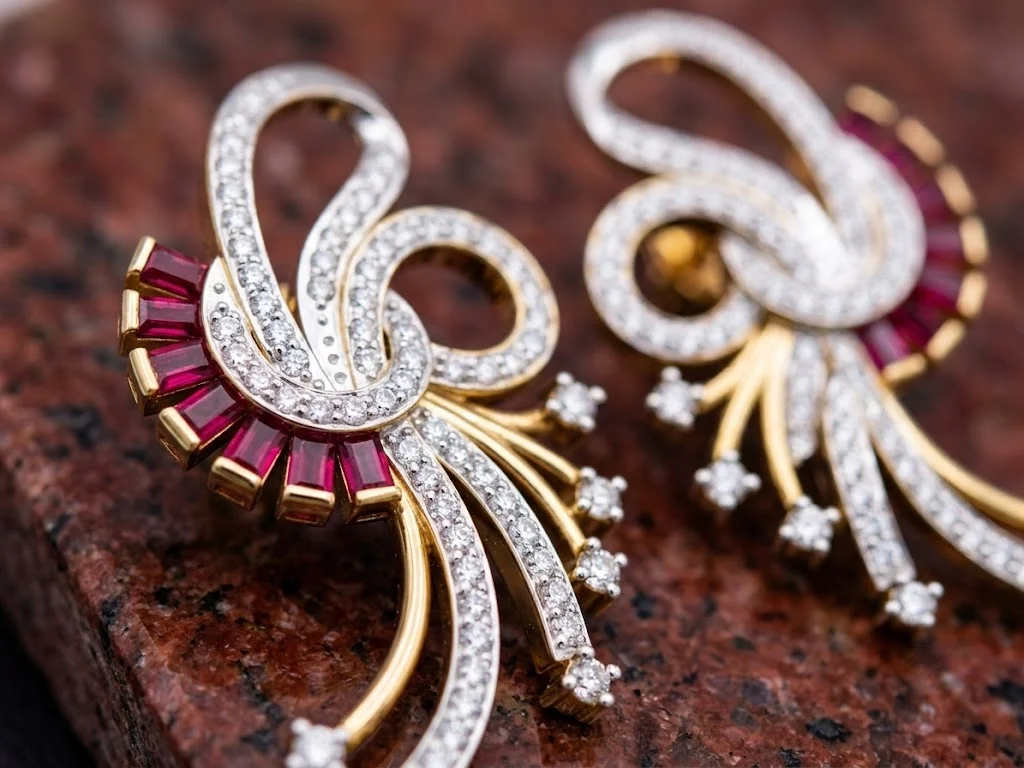 Ruby Baguette and Diamond Pavé Swirl Earrings — view 5