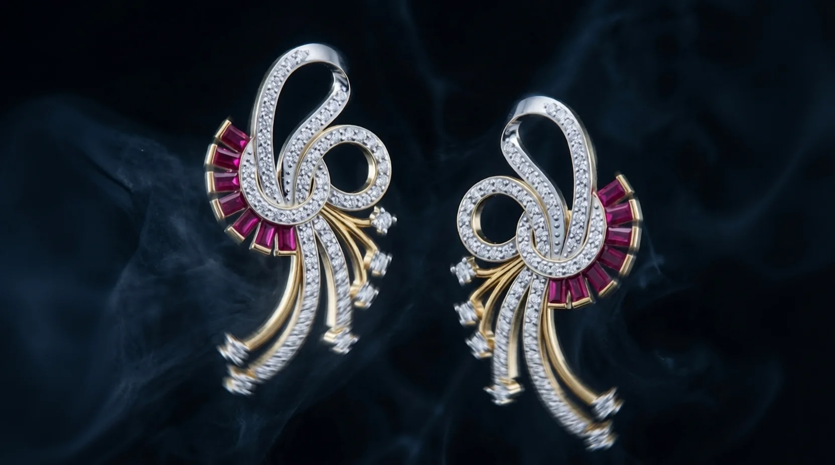 Ruby Baguette and Diamond Pavé Swirl Earrings — view 3