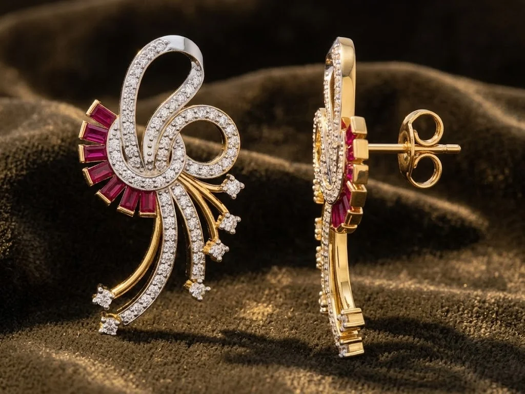 Ruby Baguette and Diamond Pavé Swirl Earrings — view 6