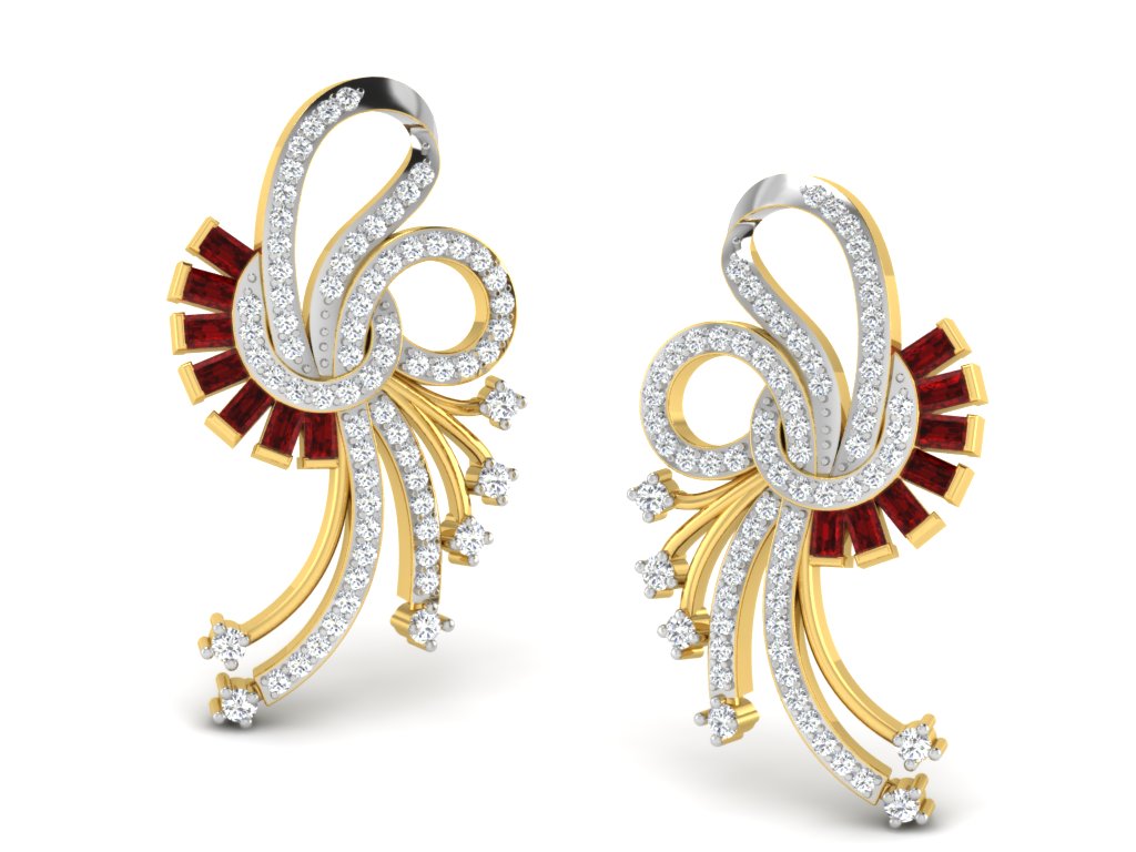 Ruby Baguette and Diamond Pavé Swirl Earrings