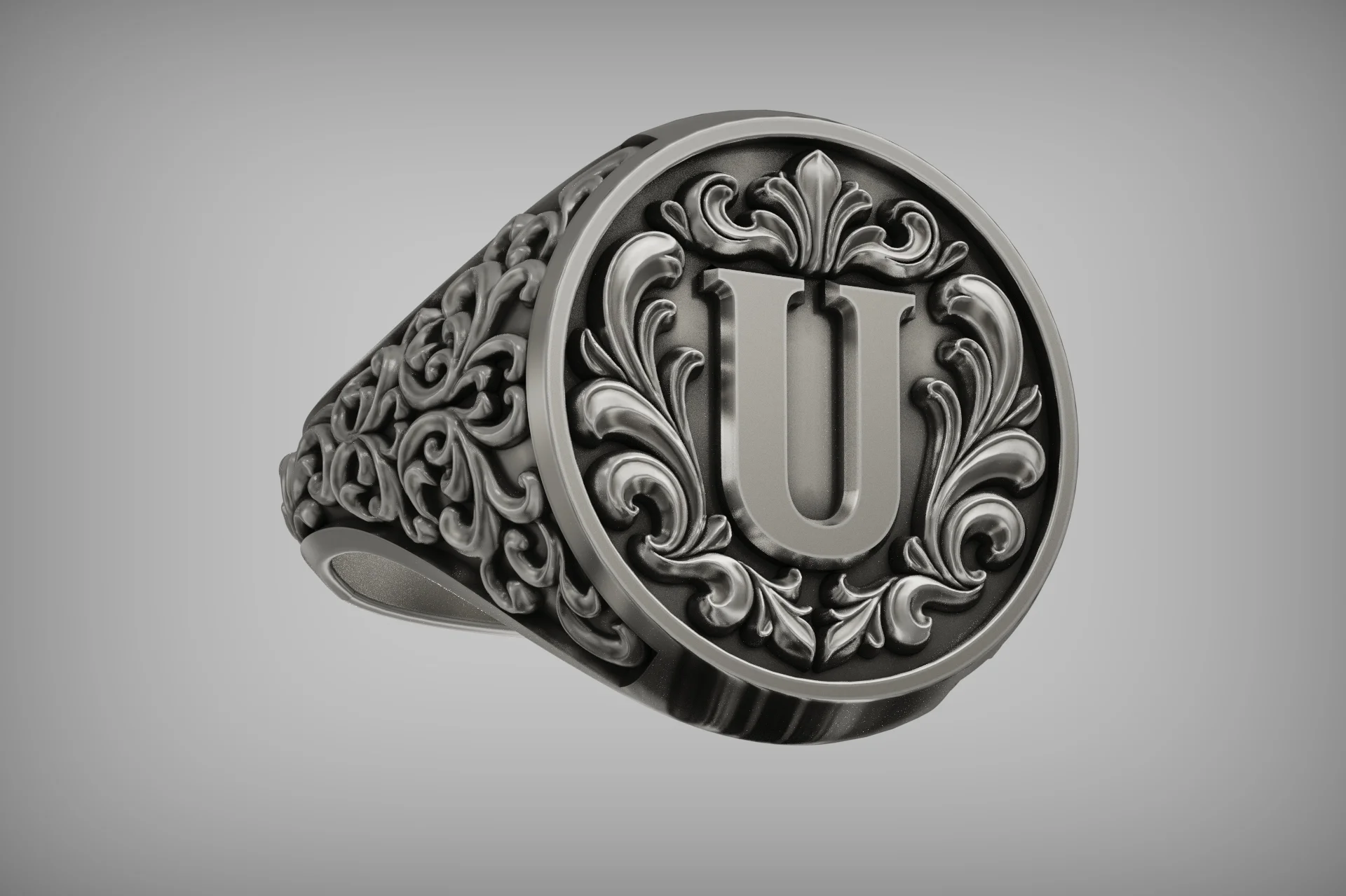 Acanthus Scroll Initial U Monogram Signet Ring — view 3