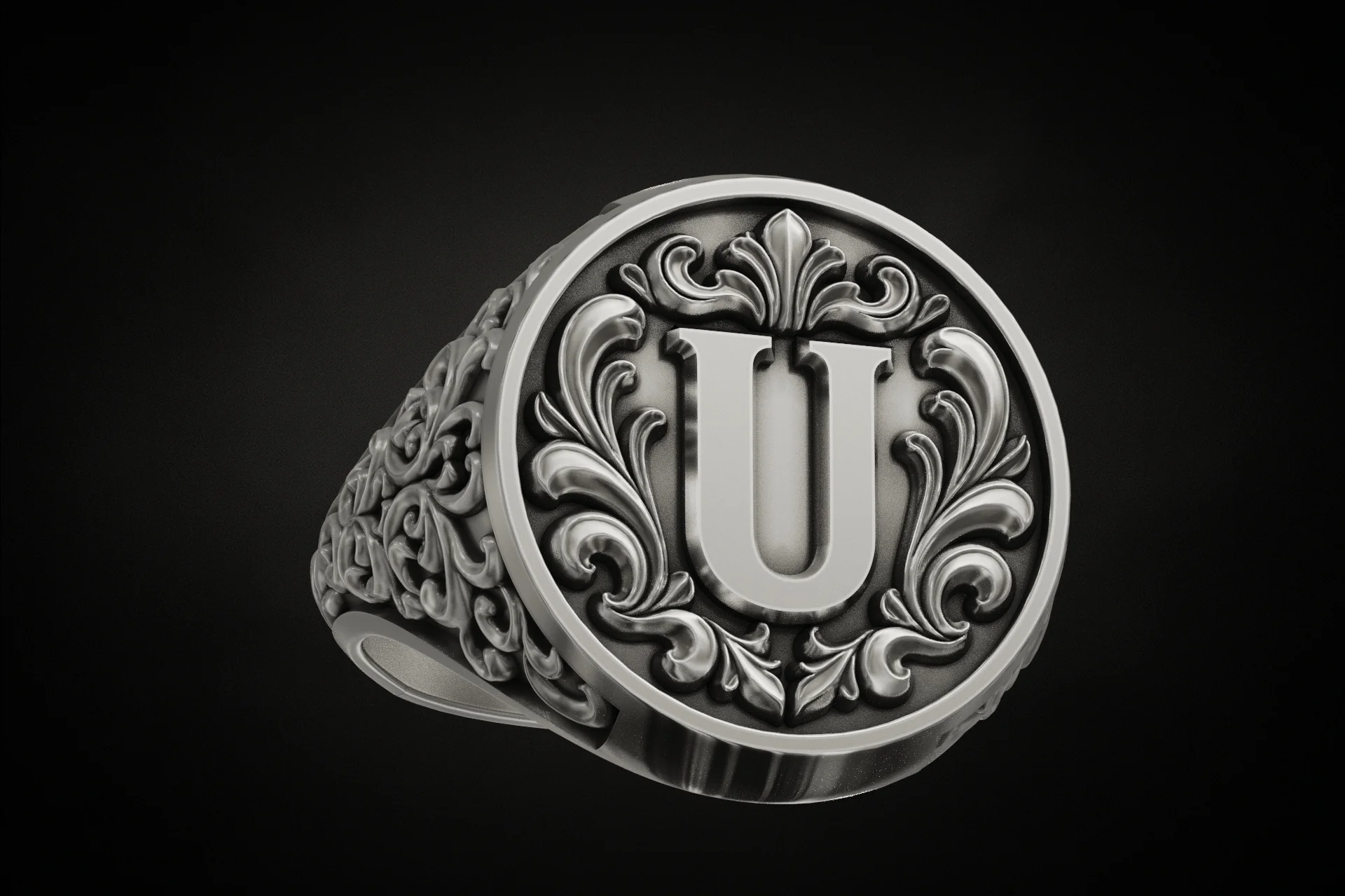 Acanthus Scroll Initial U Monogram Signet Ring