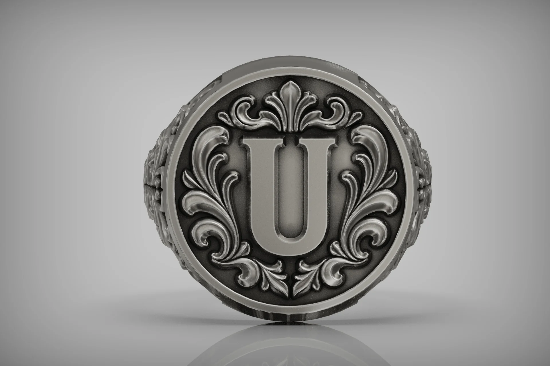 Acanthus Scroll Initial U Monogram Signet Ring — view 4