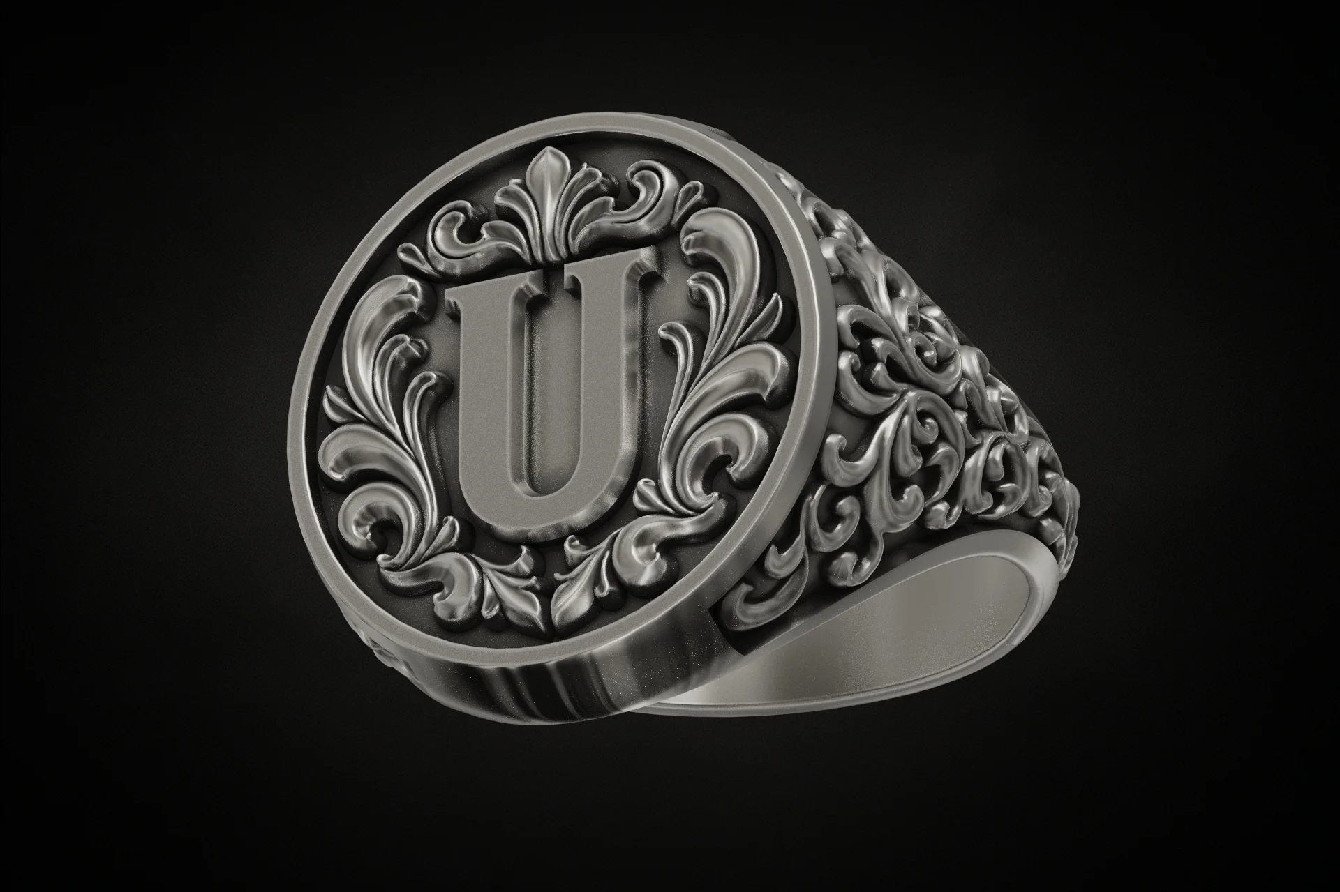 Acanthus Scroll Initial U Monogram Signet Ring — view 2