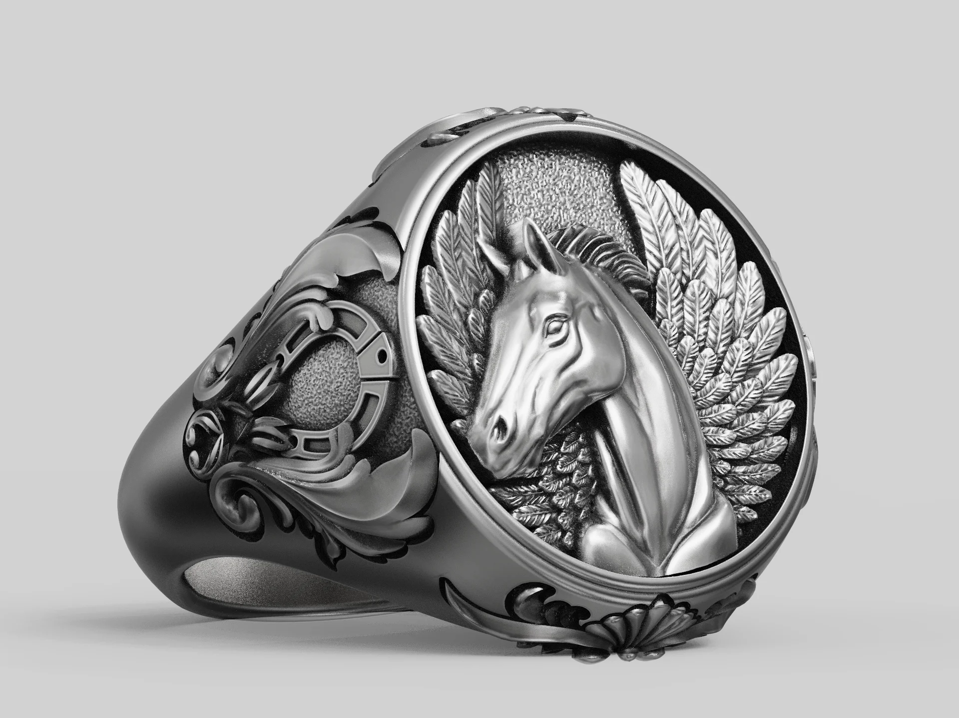 Pegasus Relief Horseshoe Signet Ring