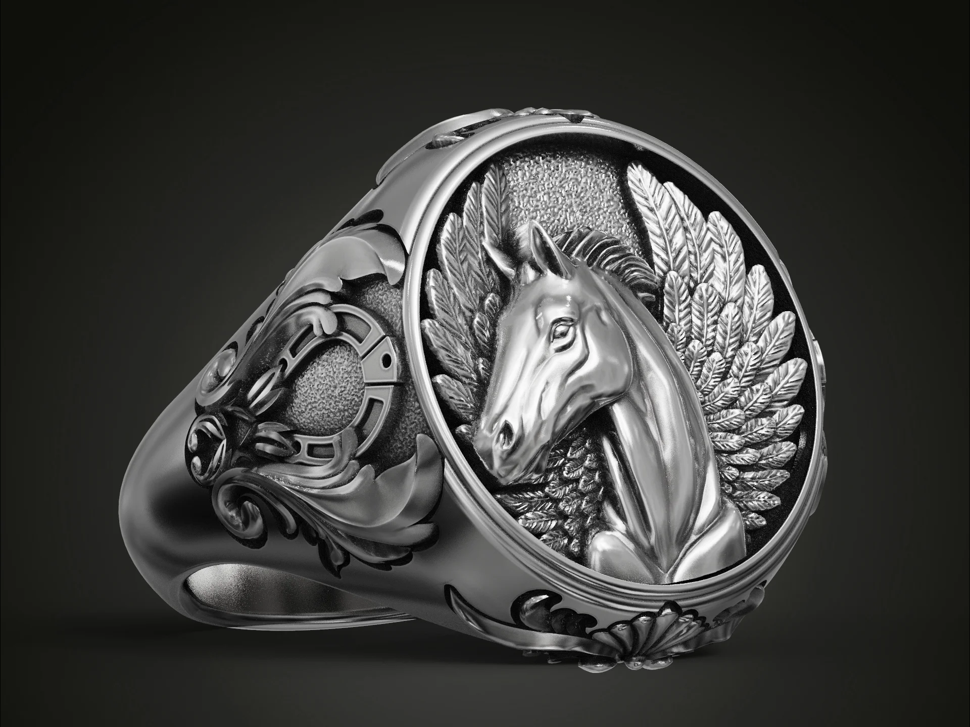 Pegasus Relief Horseshoe Signet Ring — view 3