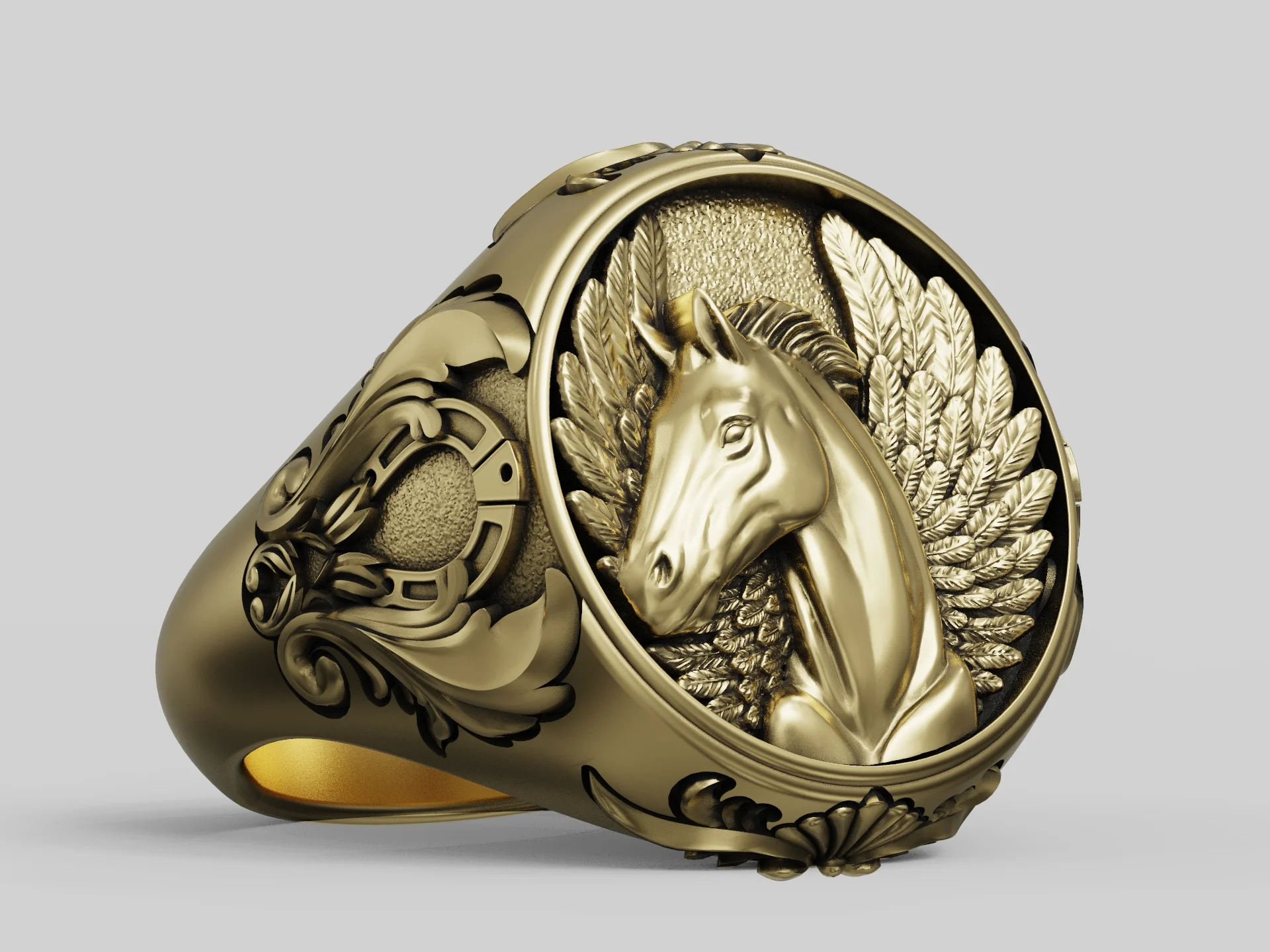 Pegasus Relief Horseshoe Signet Ring — view 2