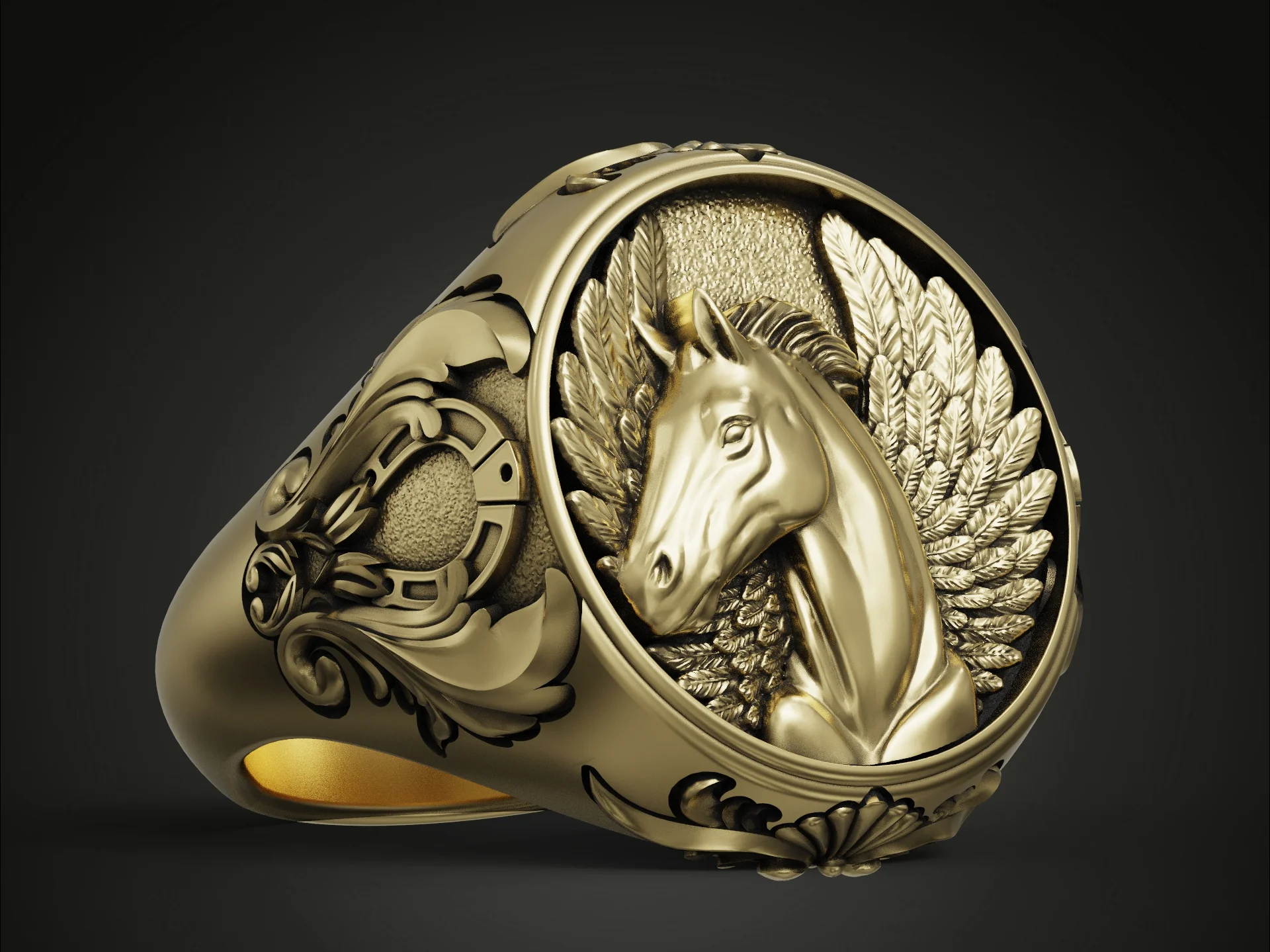 Pegasus Relief Horseshoe Signet Ring — view 4
