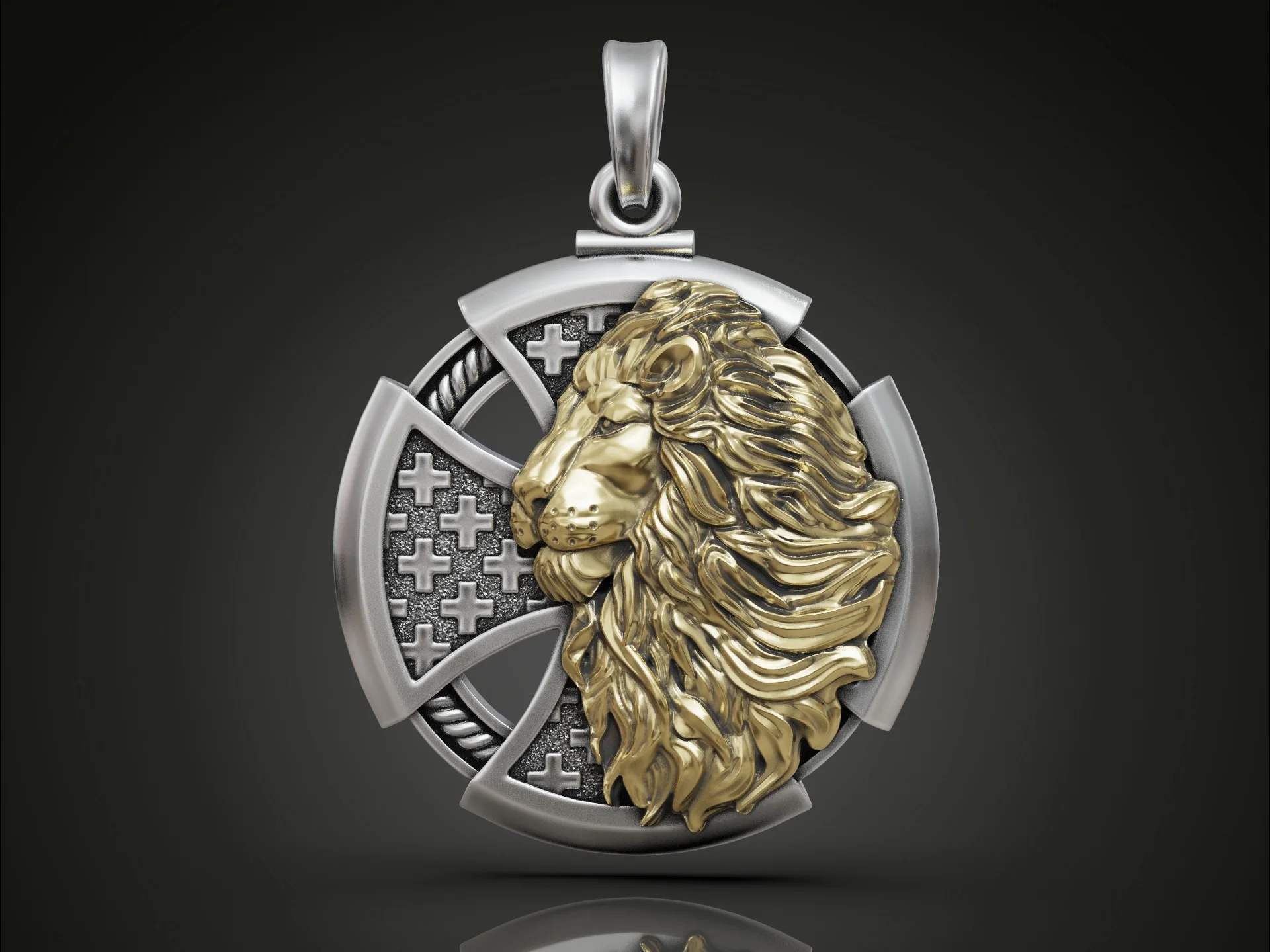 High Relief Lion Head and Cross Pendant