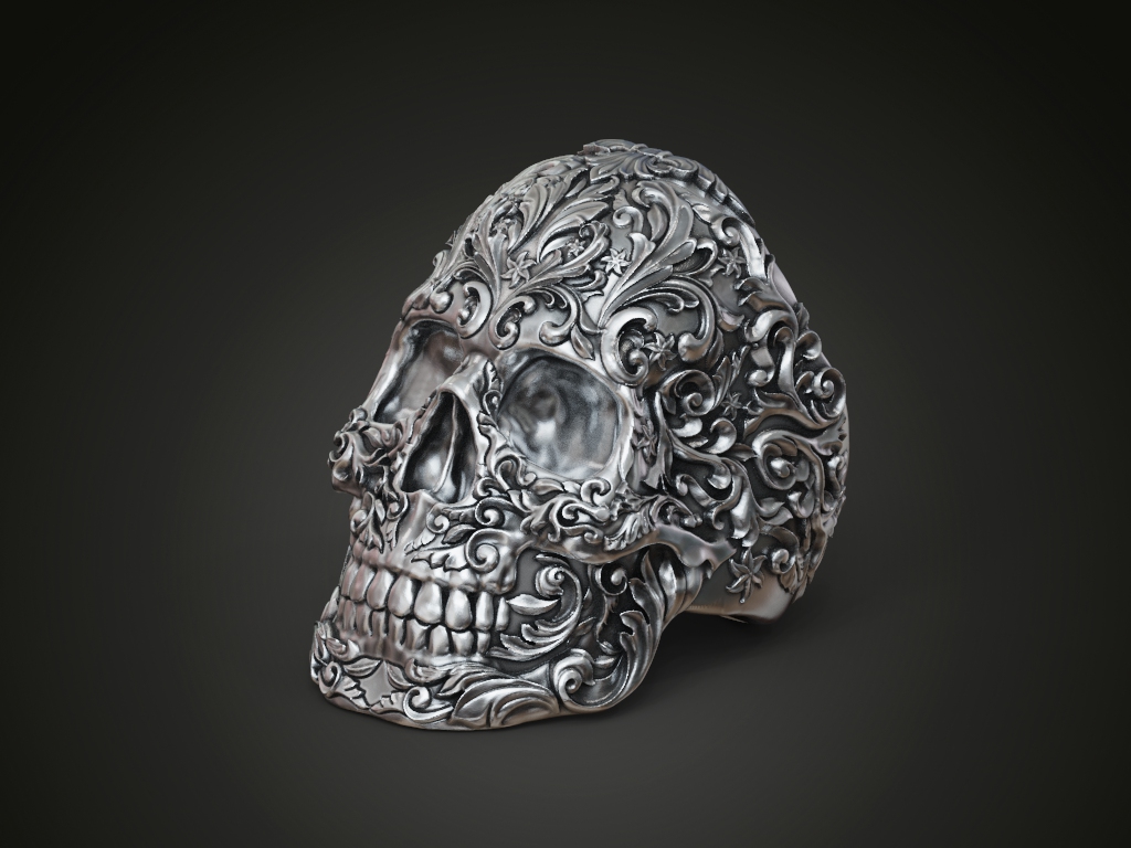 Ornate Floral Scrollwork Skull Signet Ring — view 3