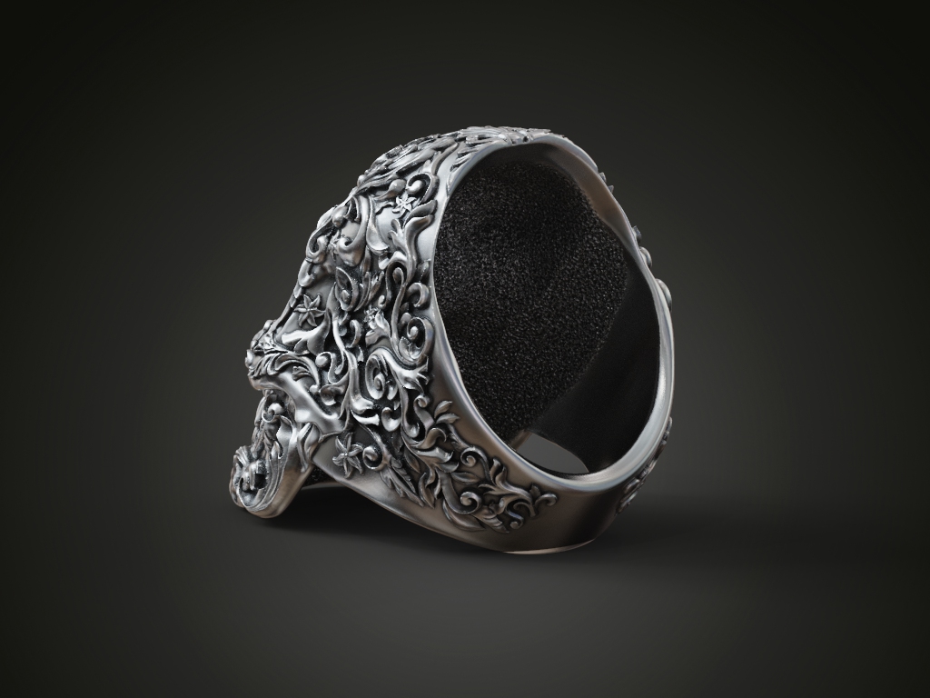 Ornate Floral Scrollwork Skull Signet Ring — view 6