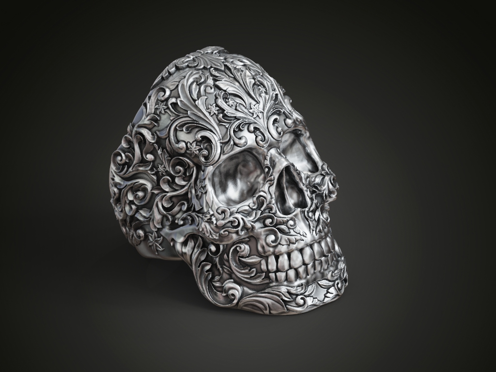 Ornate Floral Scrollwork Skull Signet Ring — view 4