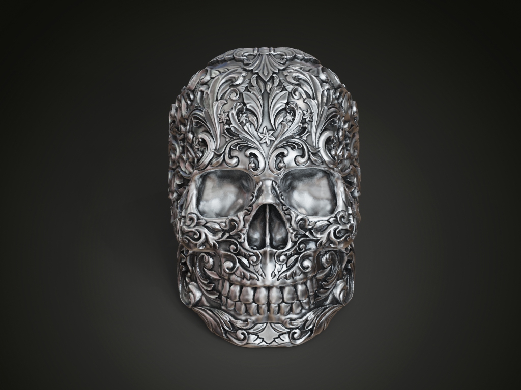 Ornate Floral Scrollwork Skull Signet Ring — view 2