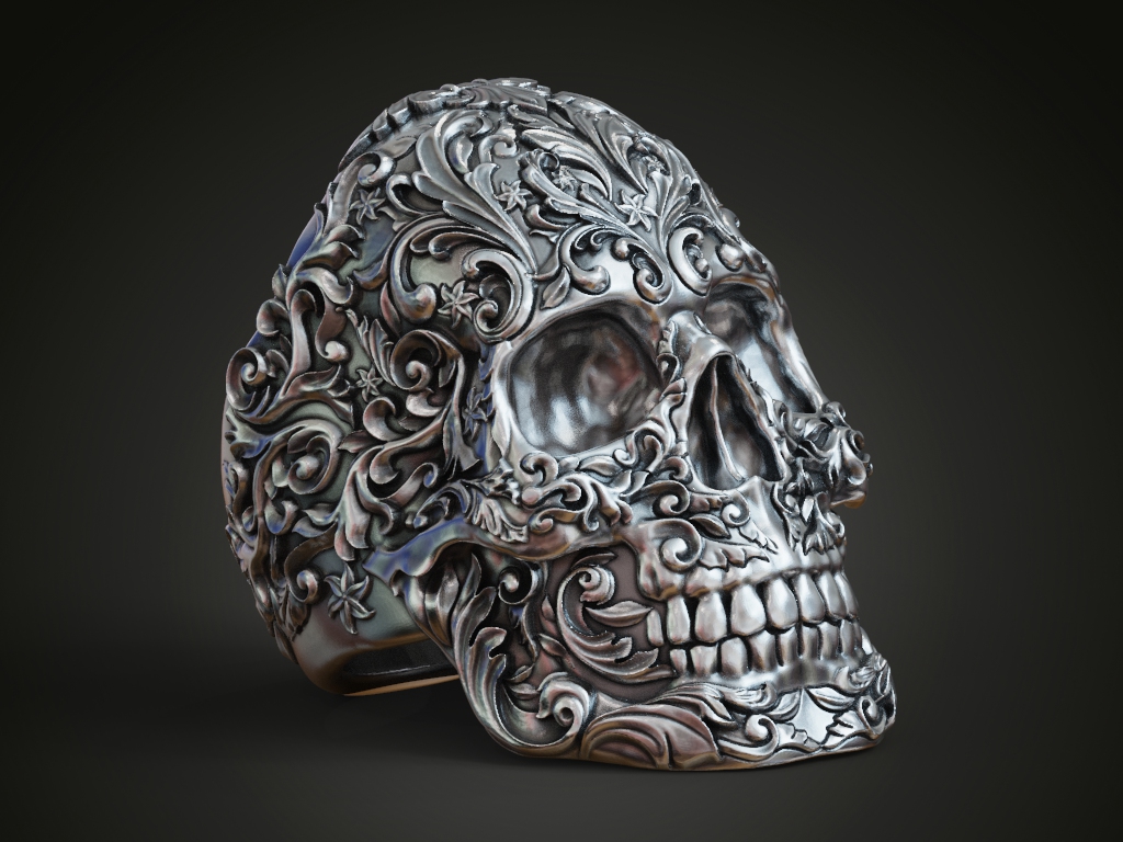 Ornate Floral Scrollwork Skull Signet Ring