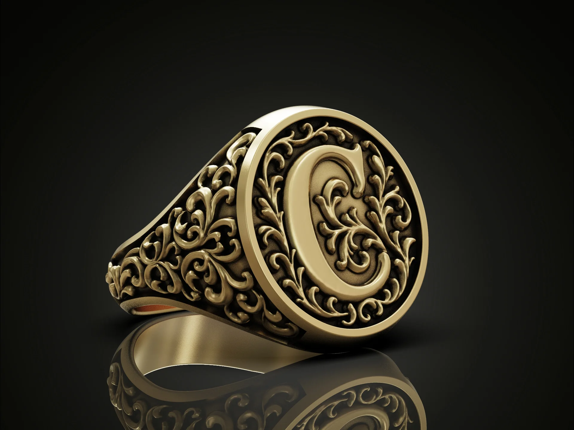 Floral Monogram C Signet Ring — view 3