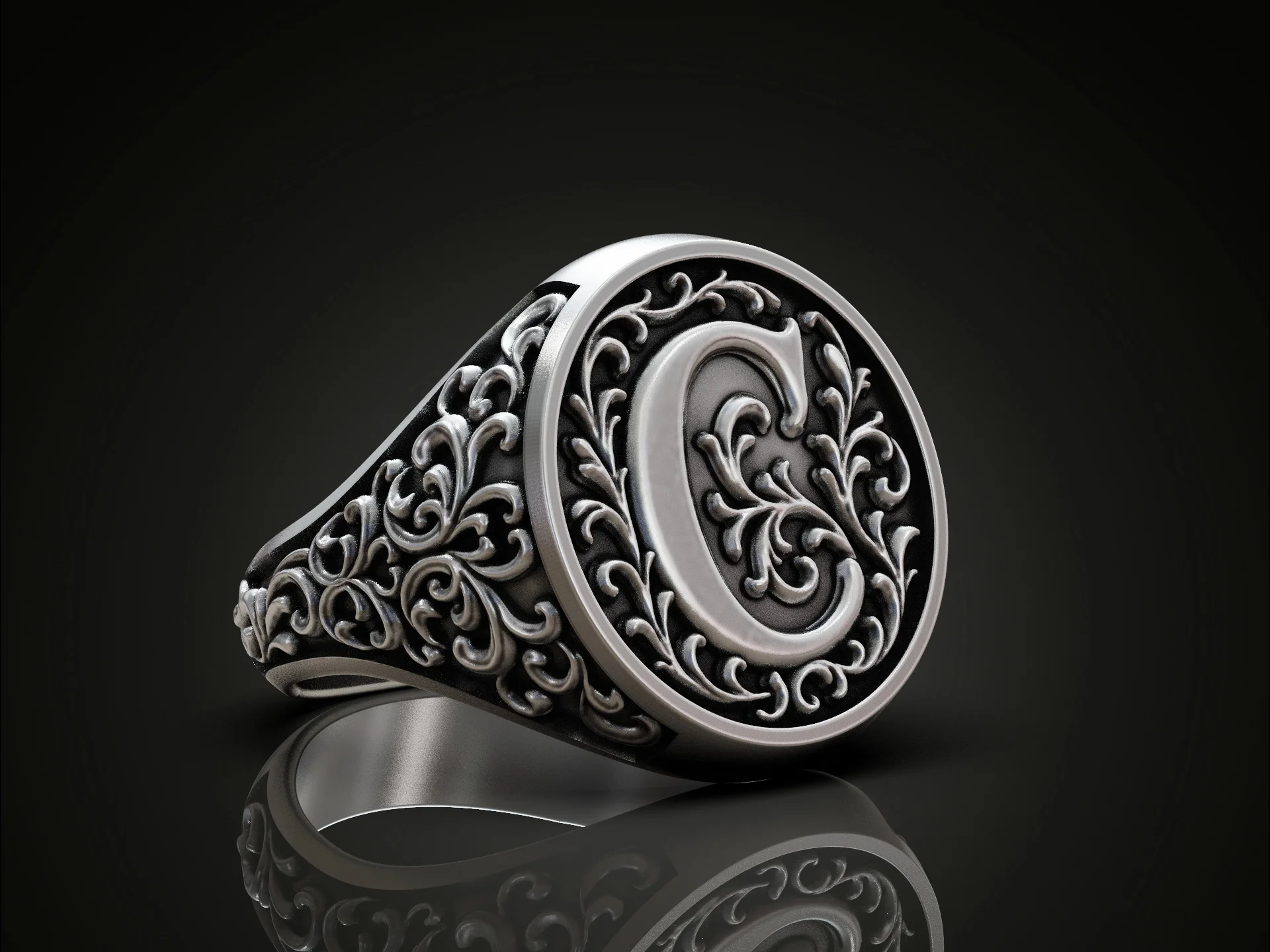 Floral Monogram C Signet Ring