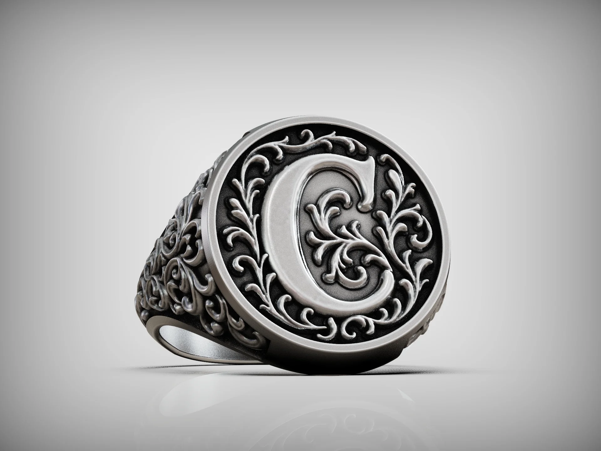 Floral Monogram C Signet Ring — view 4