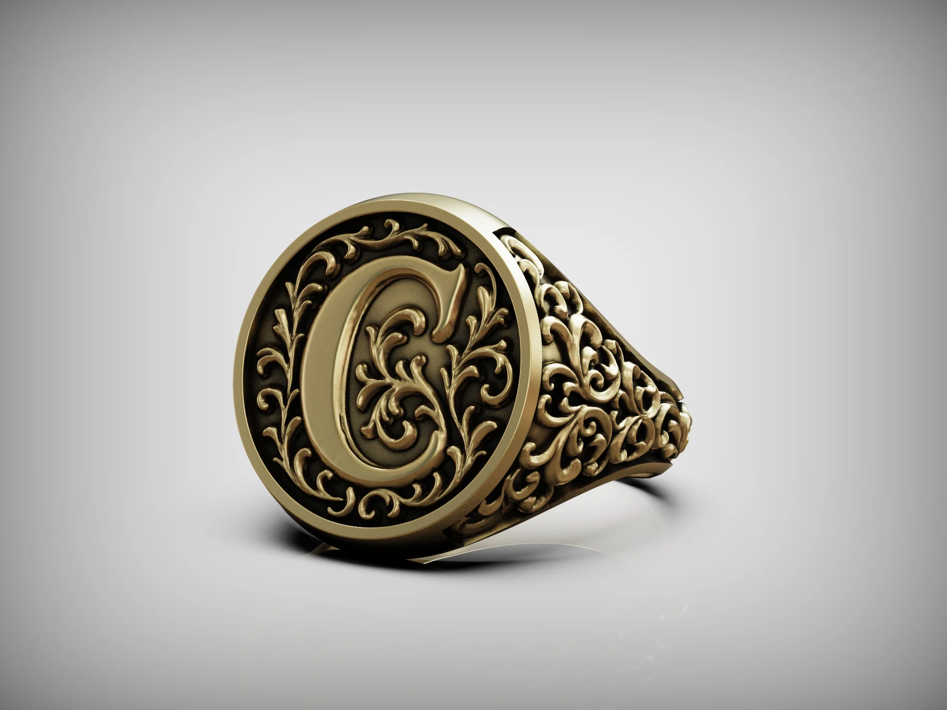 Floral Monogram C Signet Ring — view 7