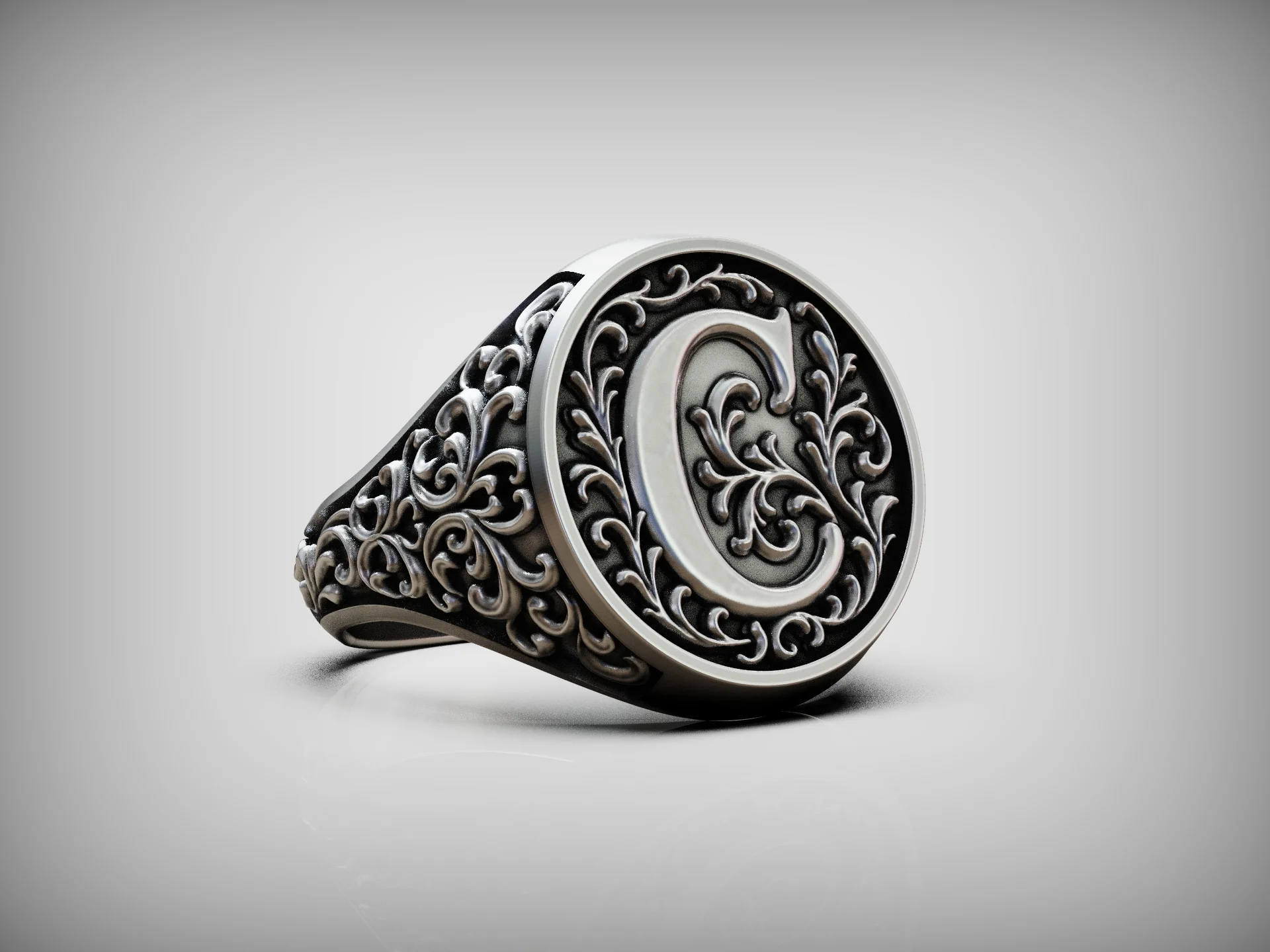 Floral Monogram C Signet Ring — view 5