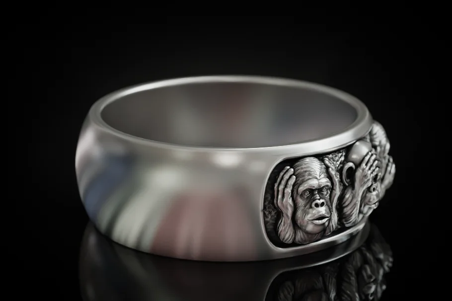 Three Wise Monkeys High-Relief Wide Band Ring — view 3